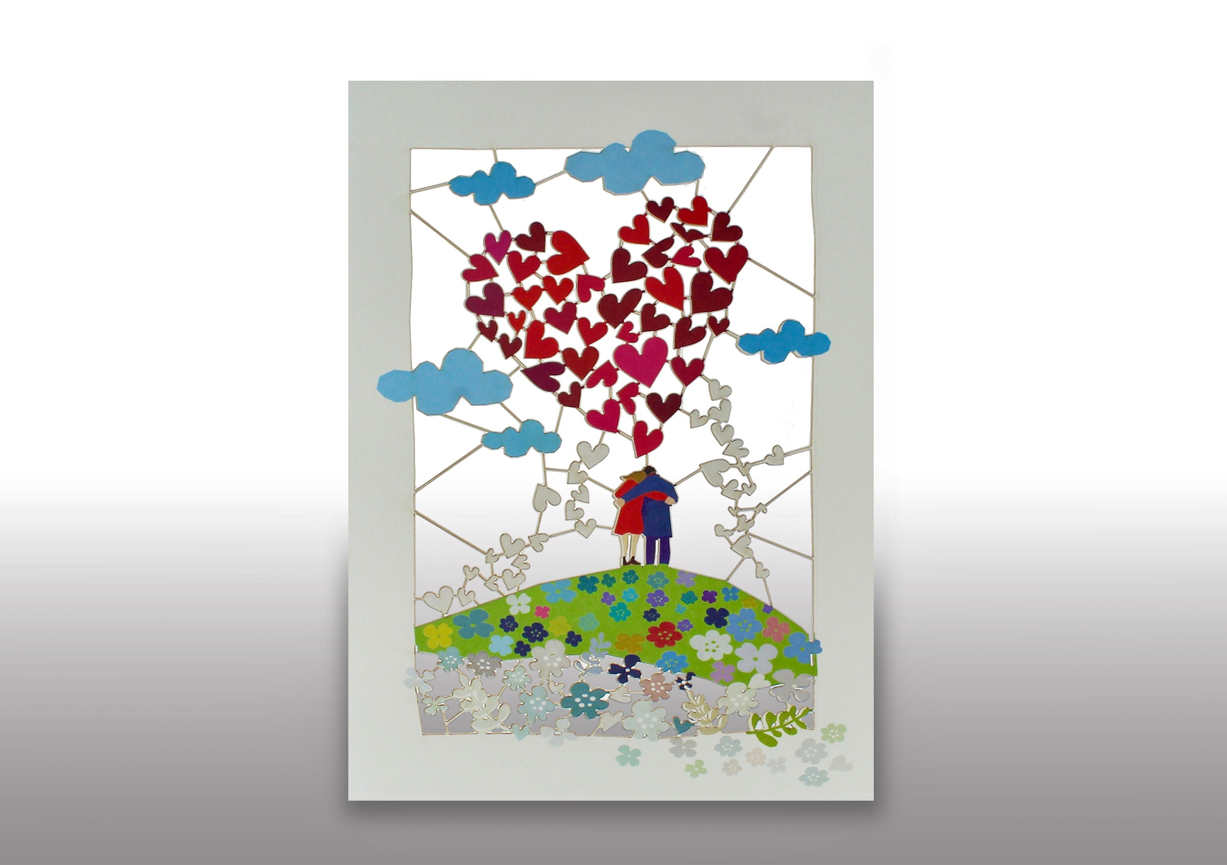 Valentines Couple on The Hill 3D Hearts Anniversary Greeting Wedding Card