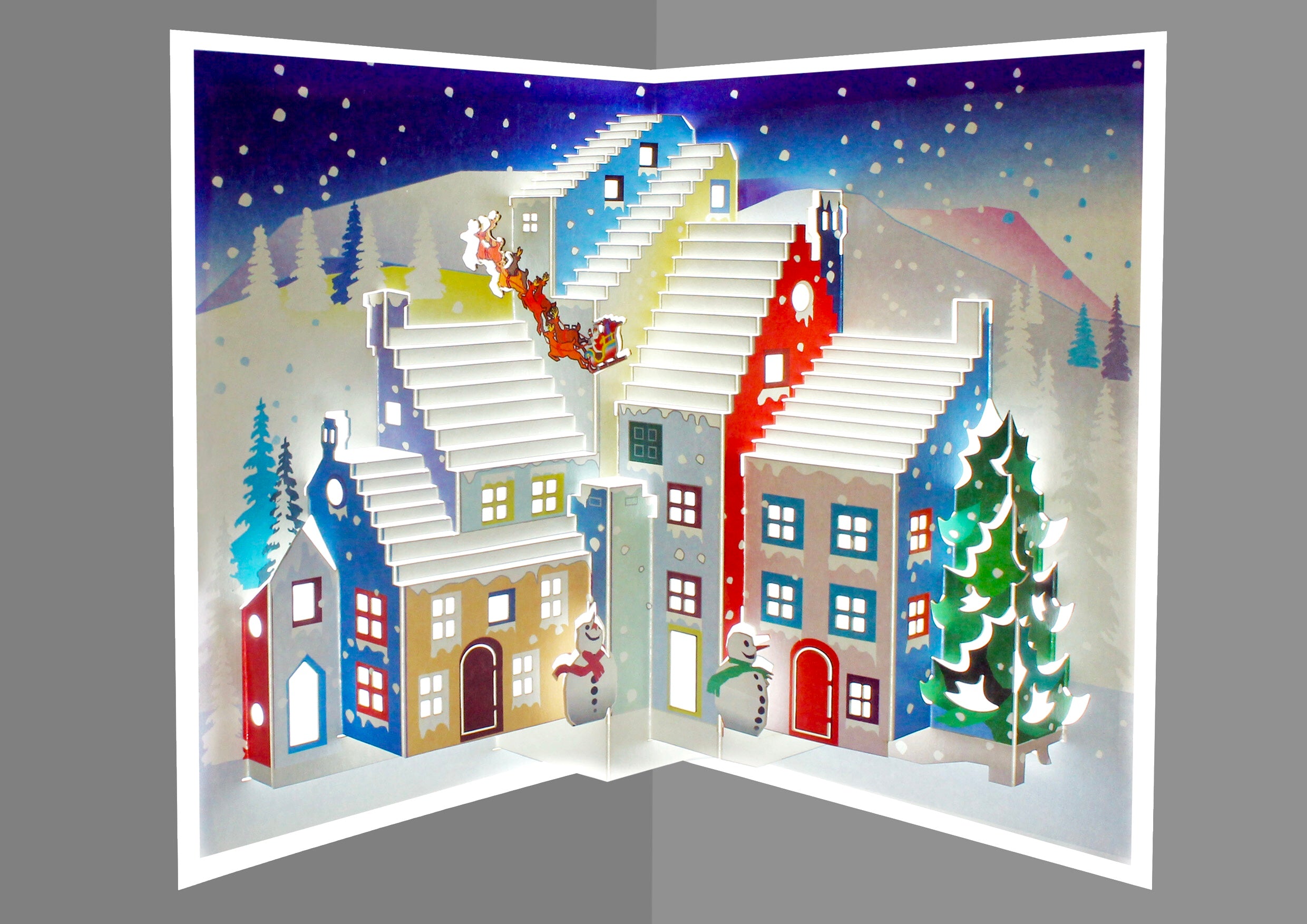 3D Pop Up Christmas Town Snowmen & Santa Christmas Greeting Card